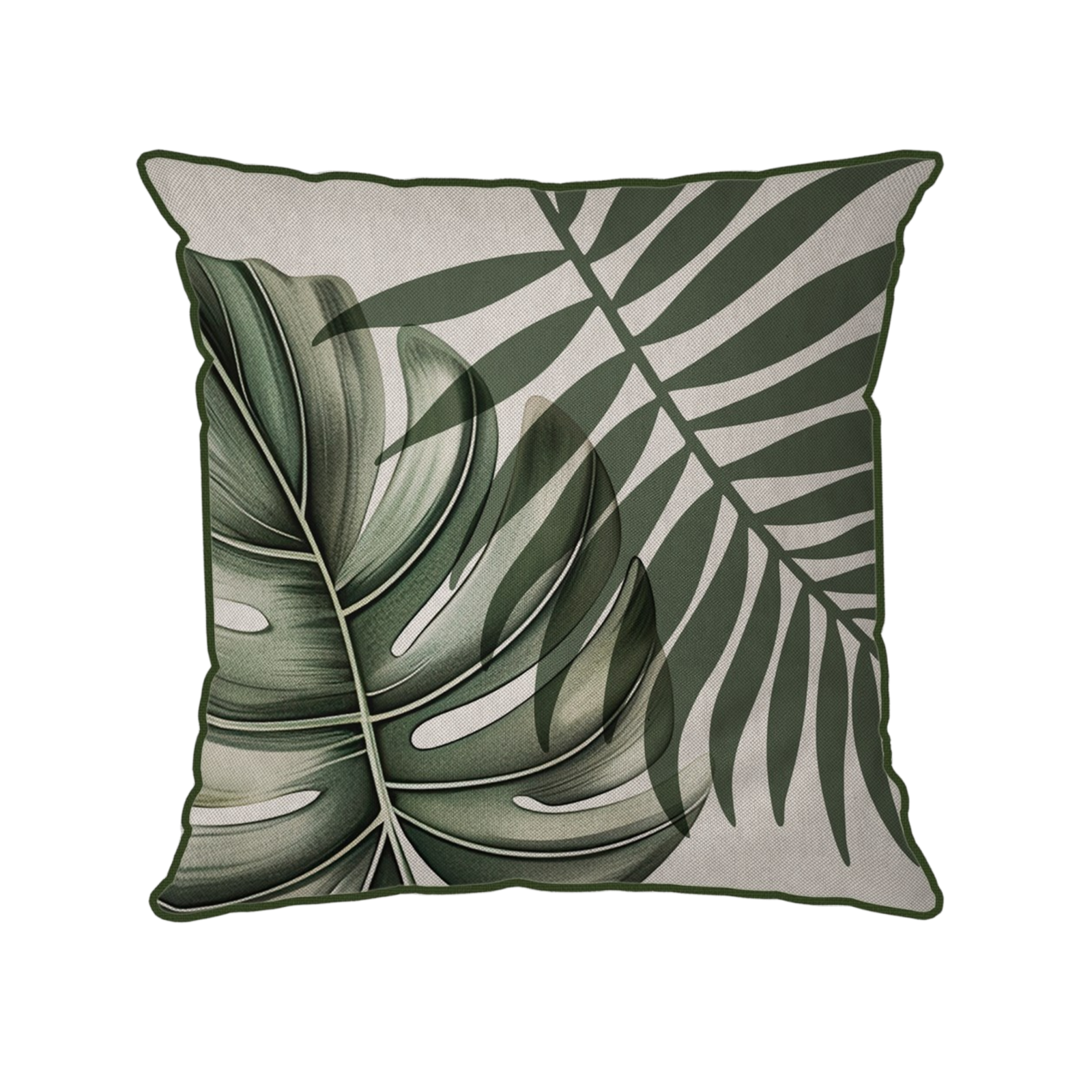 Capa de almofada com estampa de folhas em verde e bege. As Lojas Jacobs com + 30 anos de história envia para todo o Brasil e tem lojas físicas em Sapiranga e Taquara. Contam com uma grande variedade de produtos como decoração, almofadas, cortinas, cortinas sob medida, tecidos, armarinhos, cama e banho, mesa posta e muito mais.